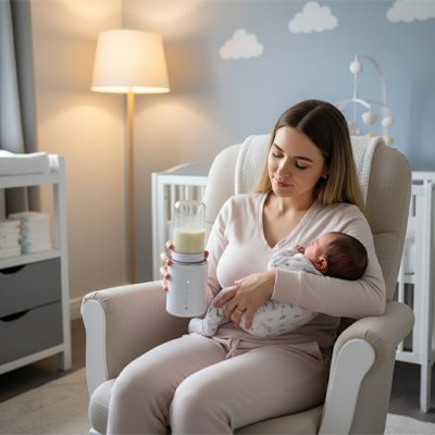 maman comtemplant son biberon chauffé
